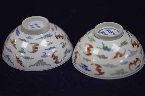 A pair of Chinese doucai bat bowls, Yongzheng mark, Republic period, D. 9.7cm, one bowl restored